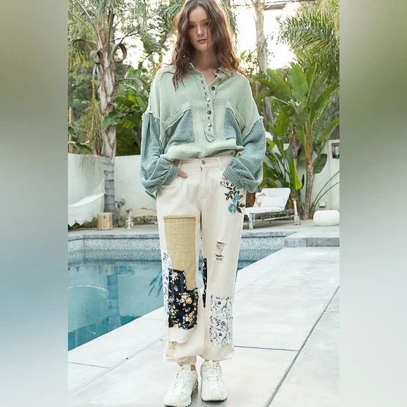 POL - Ivory Patchwork Distressed Joggers - Picture 2 of 5